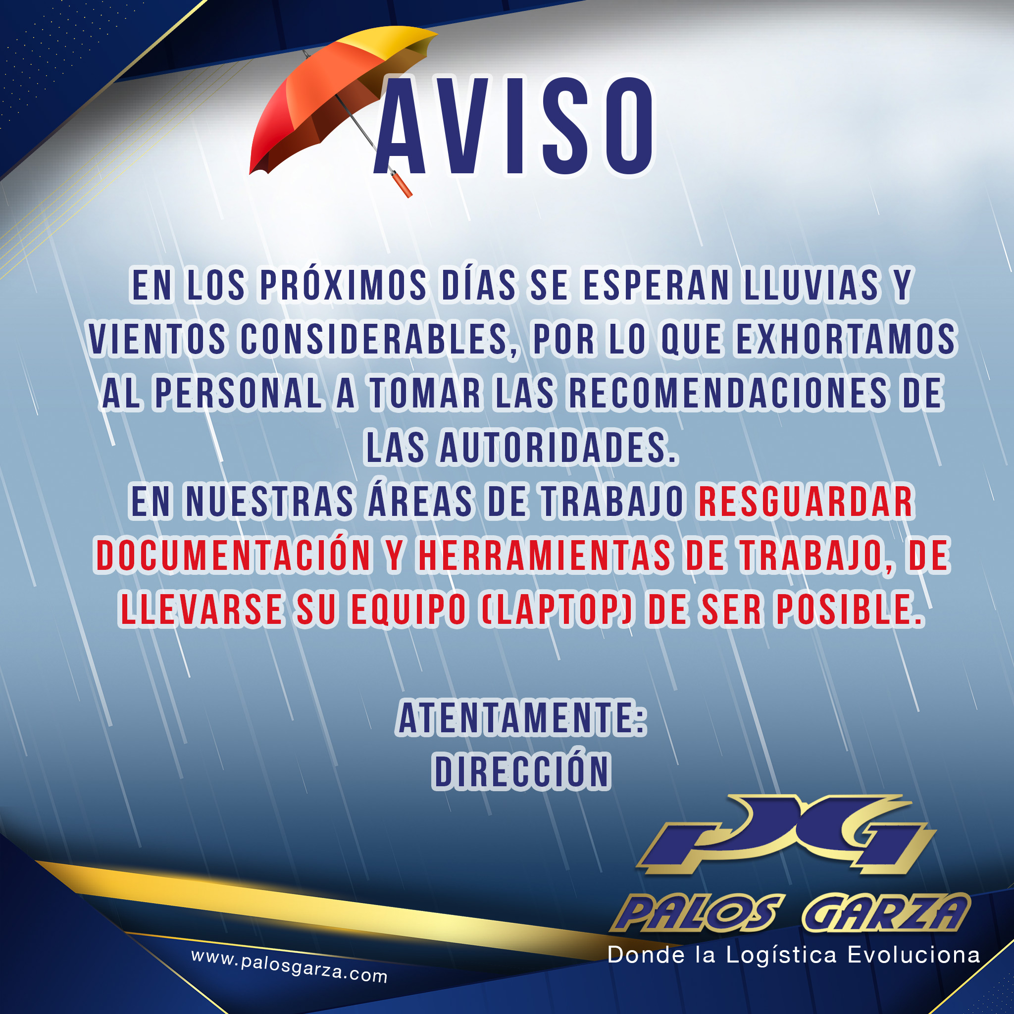 Aviso interno- próximas lluvias.