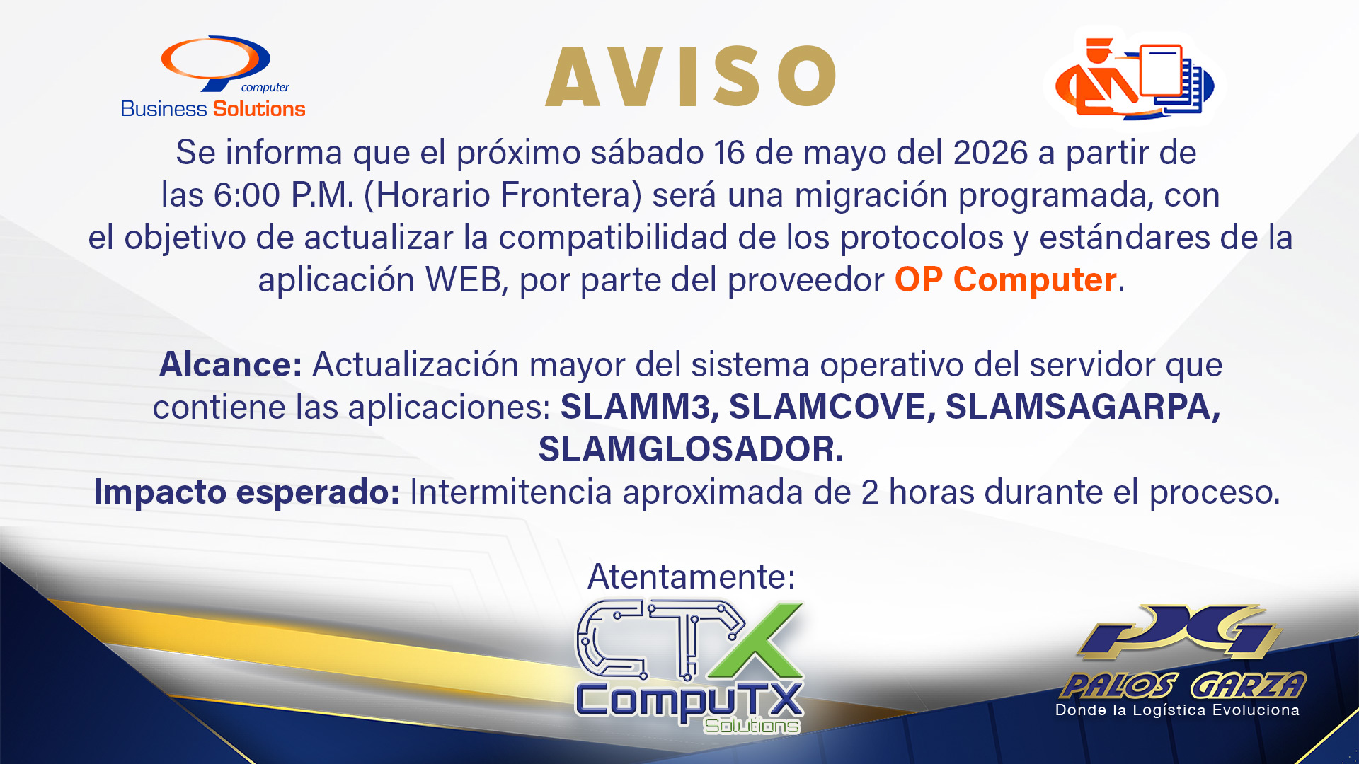 Aviso- Actualización de aplicaciones WEB